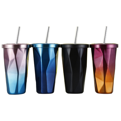16oz Double Wall Insulated Unique Coffee Mugs 480ml Stainless Steel Drink Tumbler With Straw